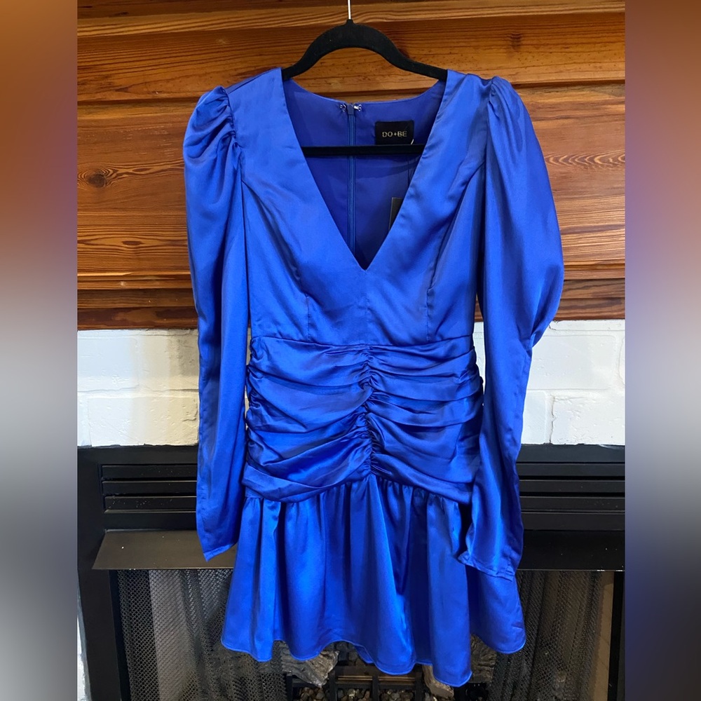 DO+BE Blue Ruched Wrap Dress with Bishop Sleeves